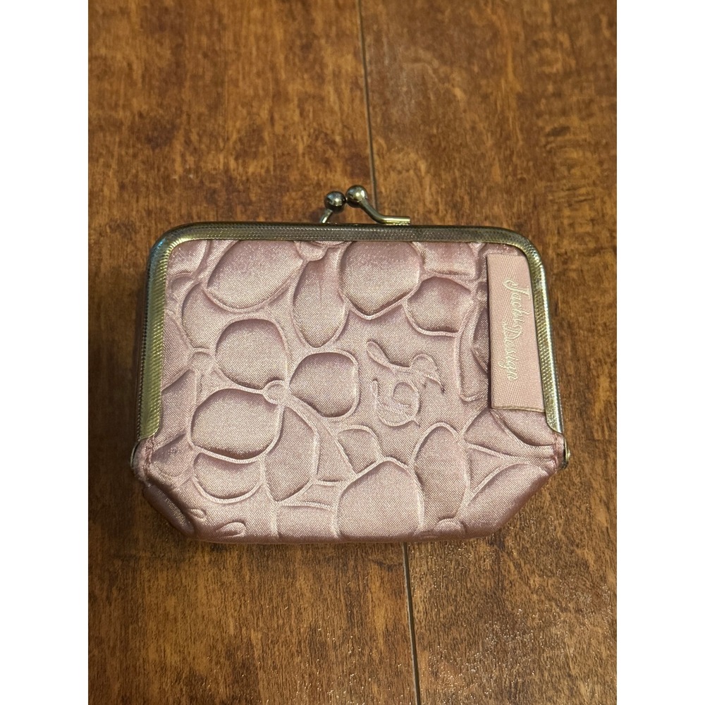 Jacki Design Pink Satin Quilted Floral Kiss Lock Coin Purse Makeup Bag